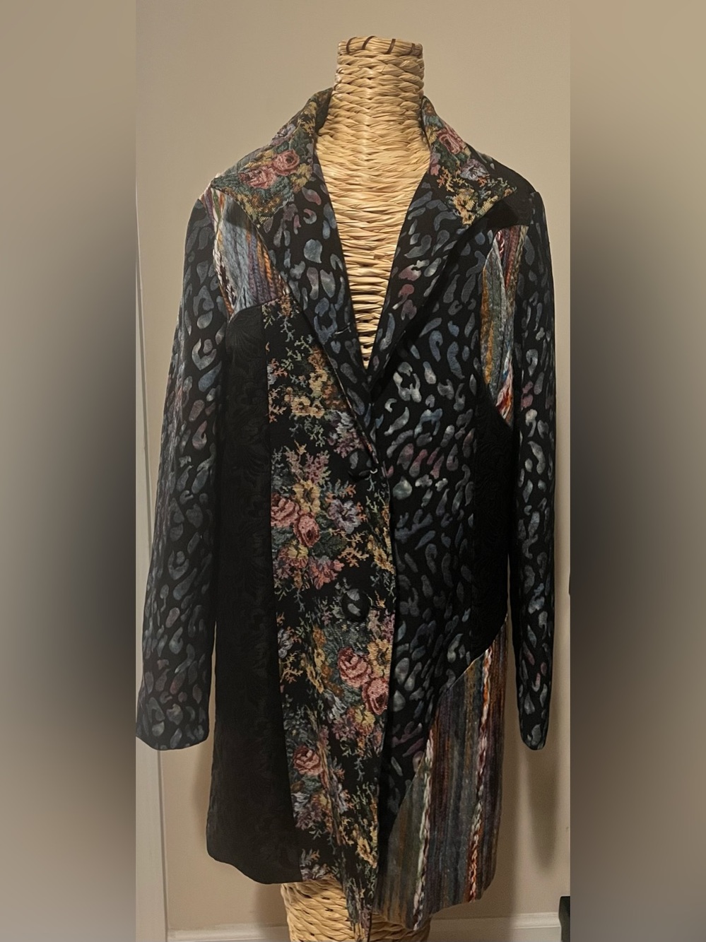 Women's Black Multicolor Patchwork Floral Leopard Coat